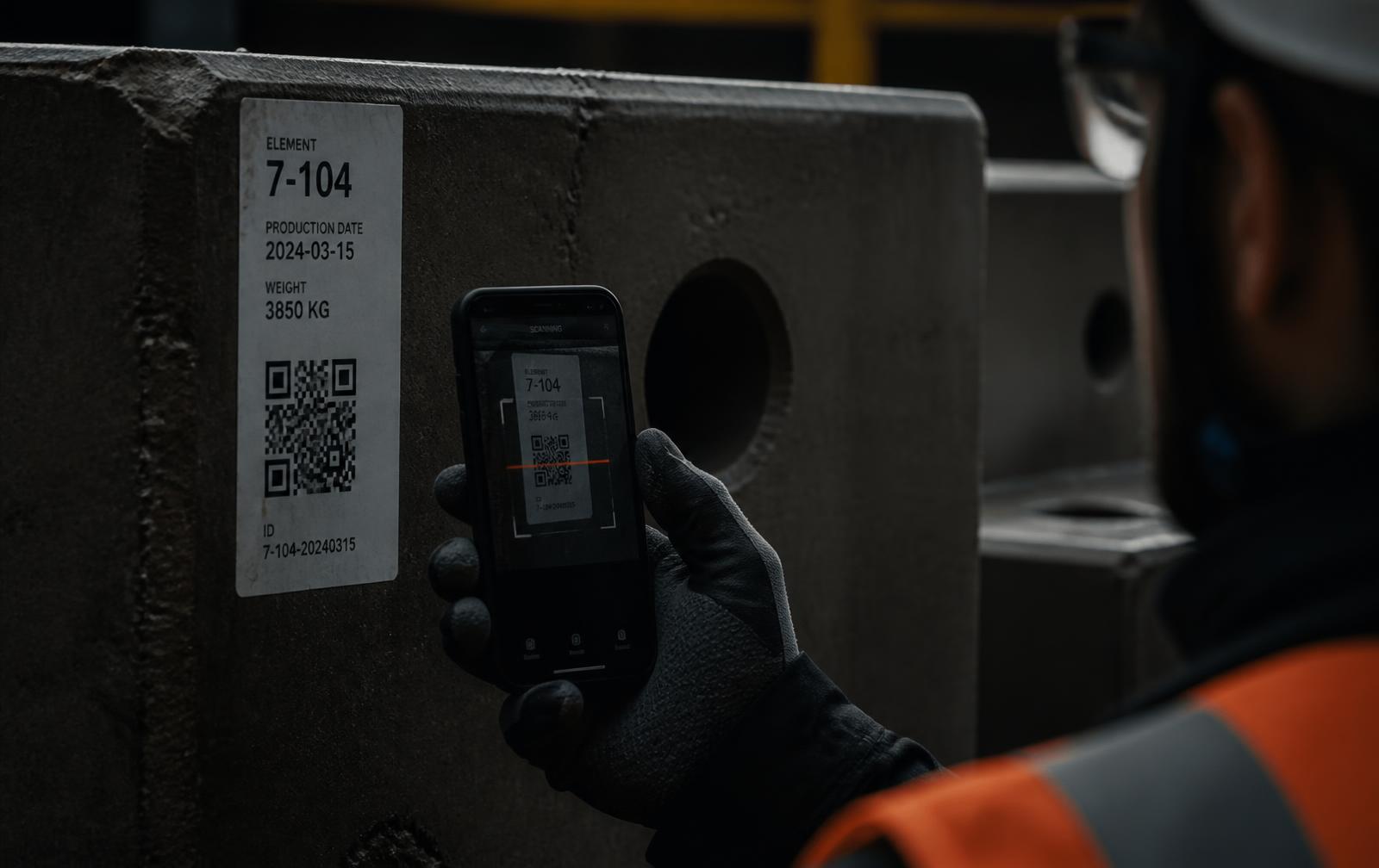 Operário escaneando etiqueta com QR code em peça de concreto